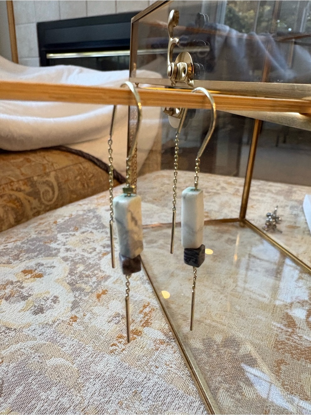 Silver Forest Gold-Tone Drop Earrings with White Marble and Black Accent